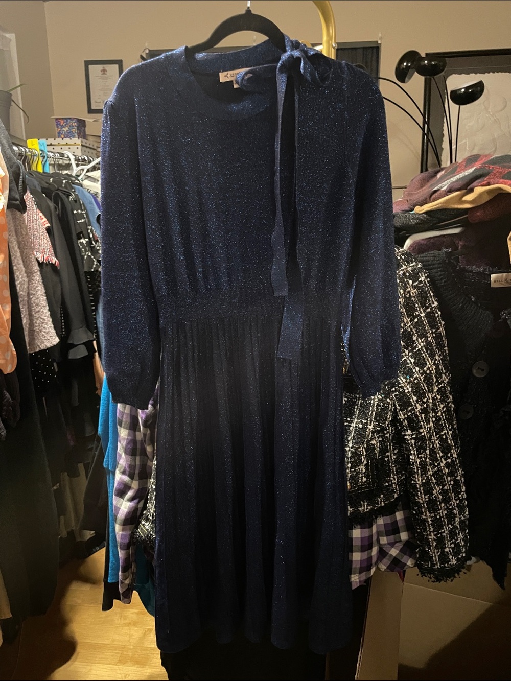 Nanette Lepore Navy Metallic Long Sleeve Pleated Dress